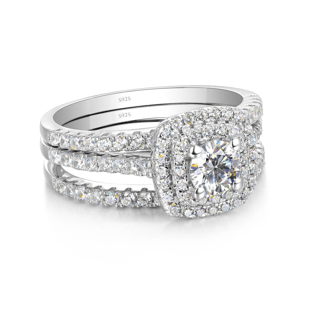 Round Cut White Sapphire 3 Piece 925 Sterling Silver Halo Bridal Ring