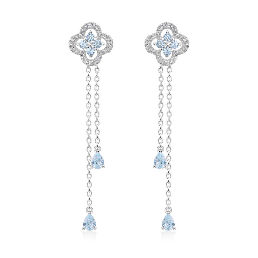 Floral Round and Pear Cut Aquamarine 925 Sterling Silver Drop Earrings