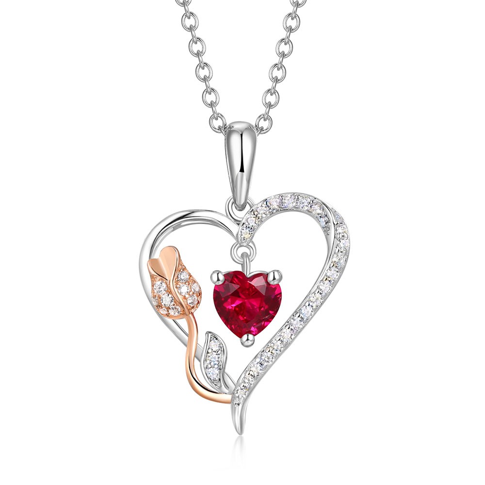 Women's Heart Shape Garnet Sterling Silver Rose Pendant Necklace