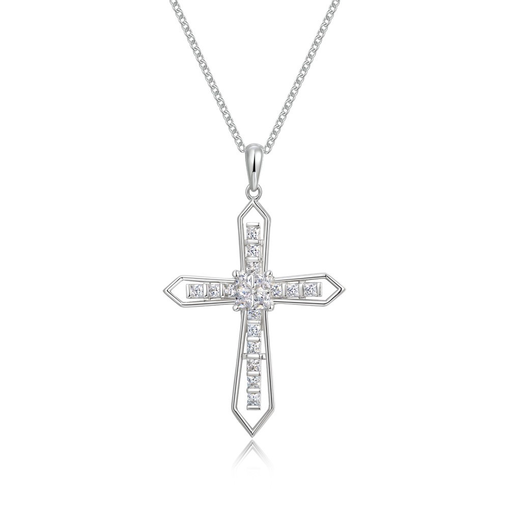 Princess Cut White Sapphire 925 Sterling Silver Cross Necklace