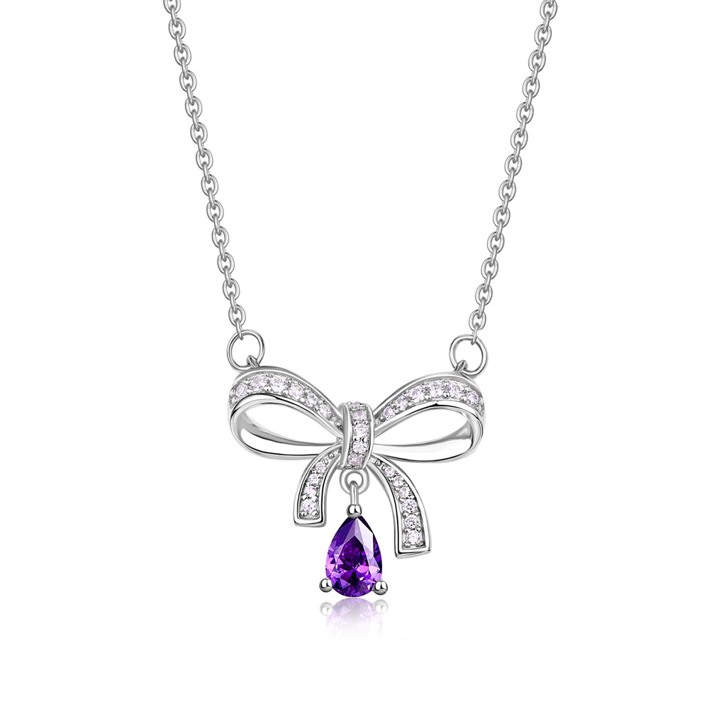 Pear Cut Amethyst Ribbon Bow 925 Sterling Silver Necklace