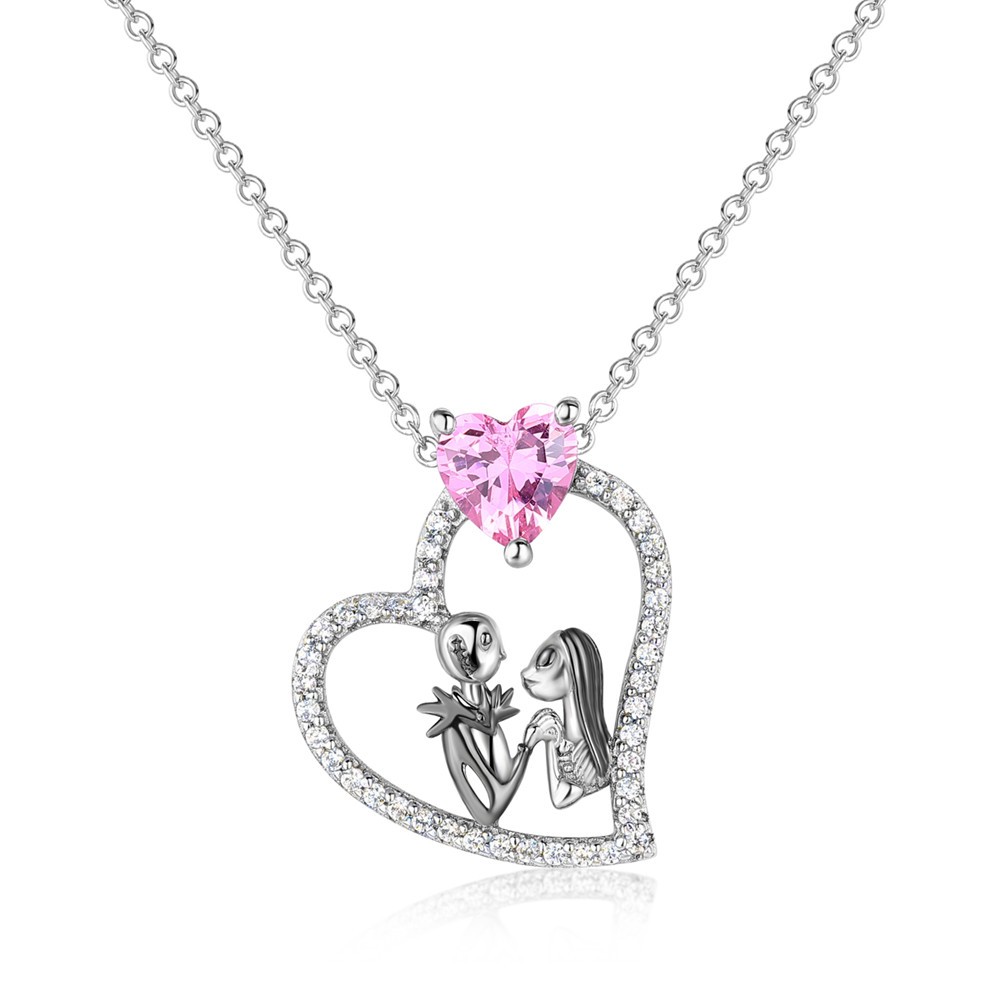 "Eternal Love" Pink Sapphire Couple Skull Heart Sterling Silver Necklace