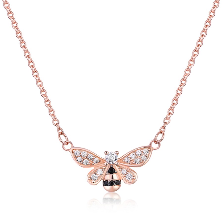 Rose Gold Round Cut White and Black Sapphire 925 Sterling Silver Bee Necklace
