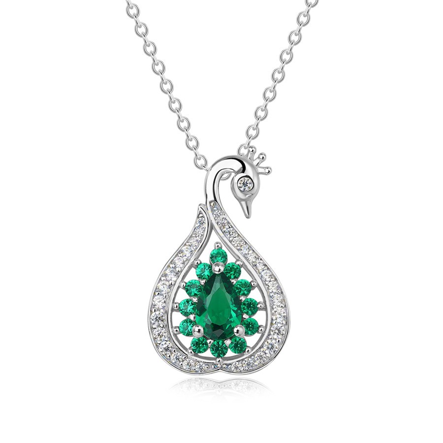 Delicate Pear Cut Emerald 925 Sterling Silver Swan Necklace