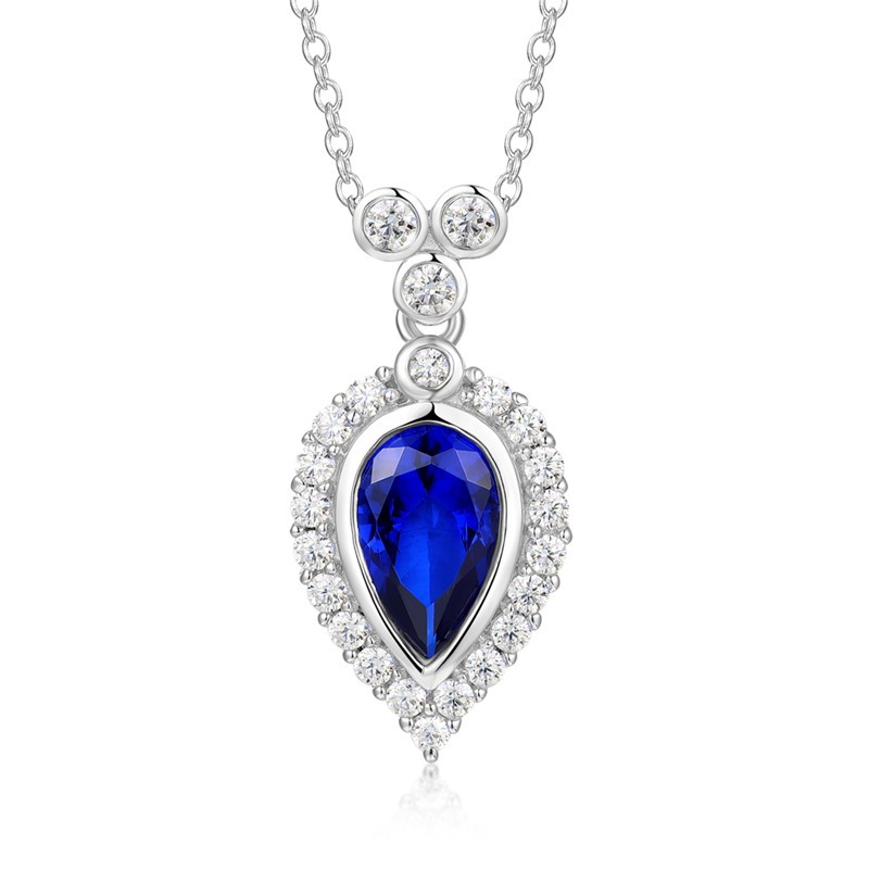 Pear Cut Blue Sapphire 925 Sterling Silver Halo Necklace