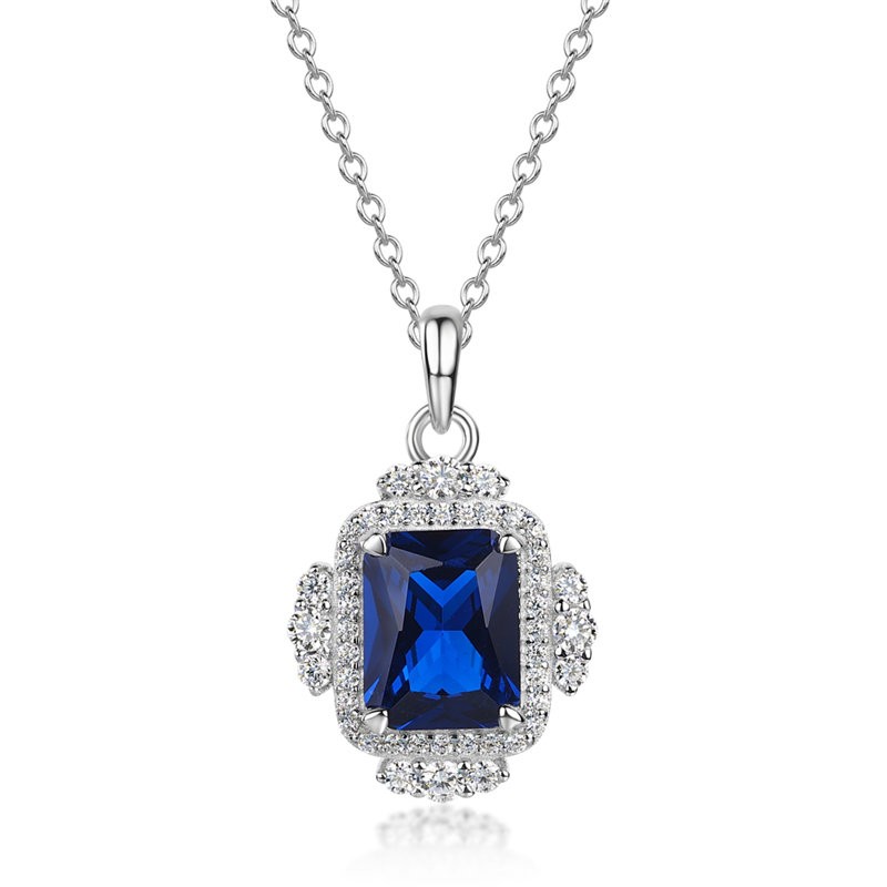 Vintage Radiant Cut Blue Sapphire 925 Sterling Silver Halo Necklace