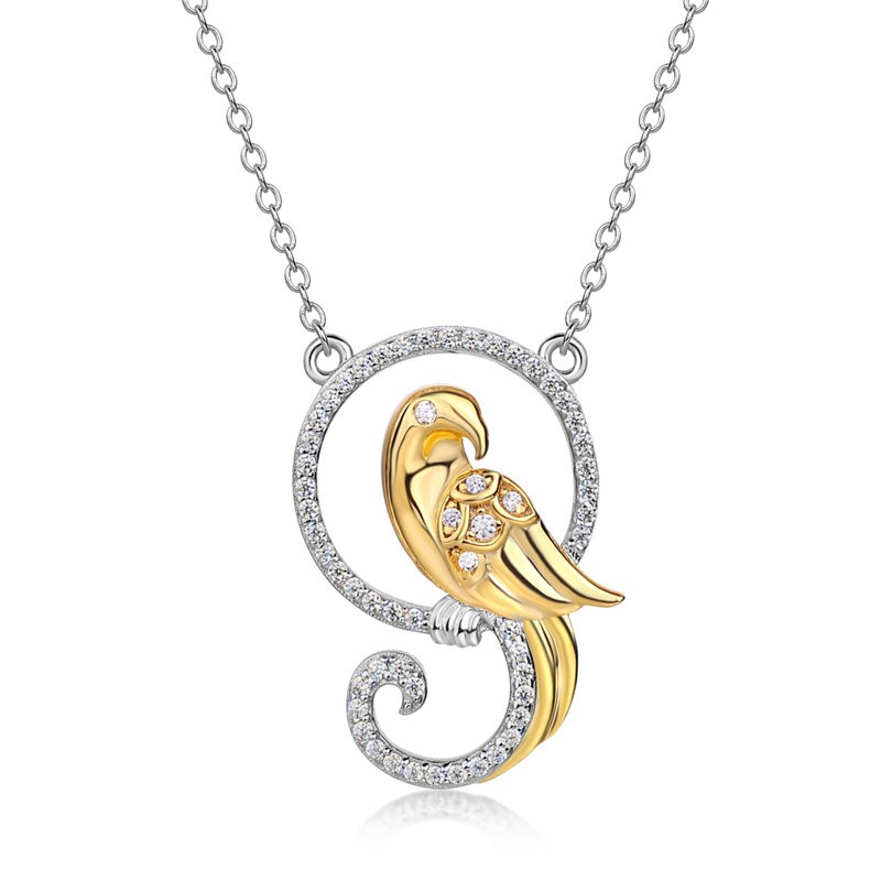 Round Cut White Sapphire 925 Sterling Silver Gold Parrot Necklace