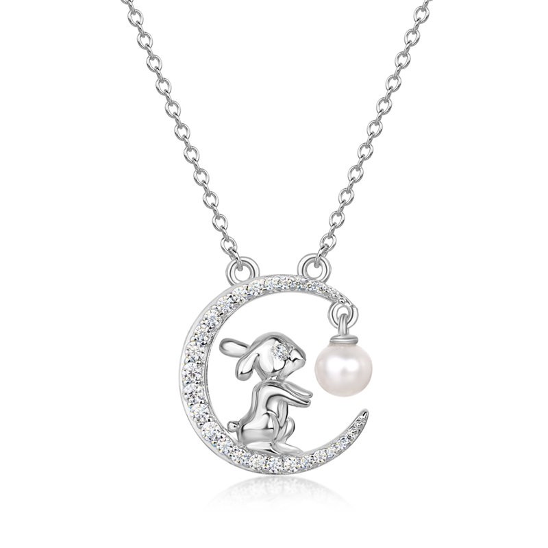Round Pearl 925 Sterling Silver Moon Rabbit Necklace