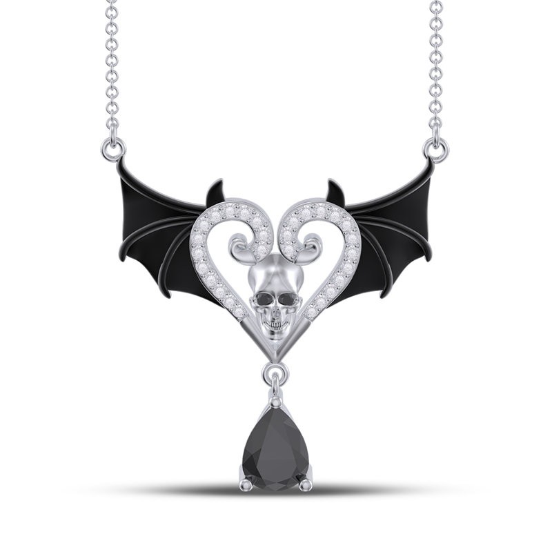 Heart Shape Black Sapphire 925 Sterling Silver Skull Bat Necklace