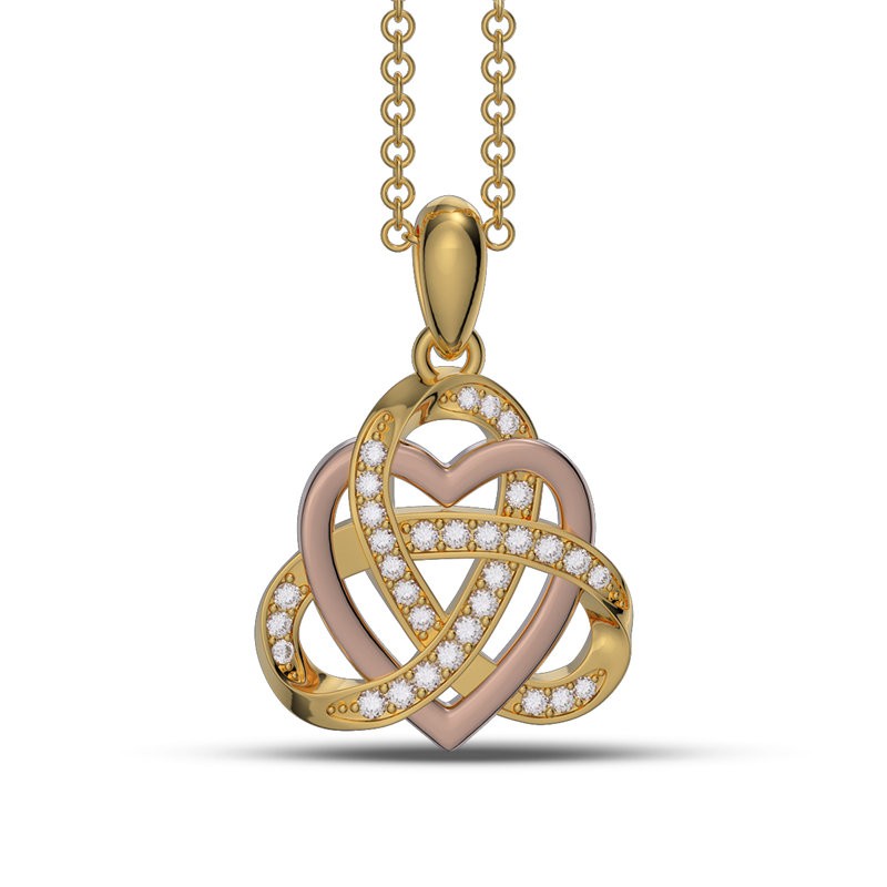 Yellow Gold Celtic White Sapphire 925 Sterling Silver Trinity Knot Heart Necklace