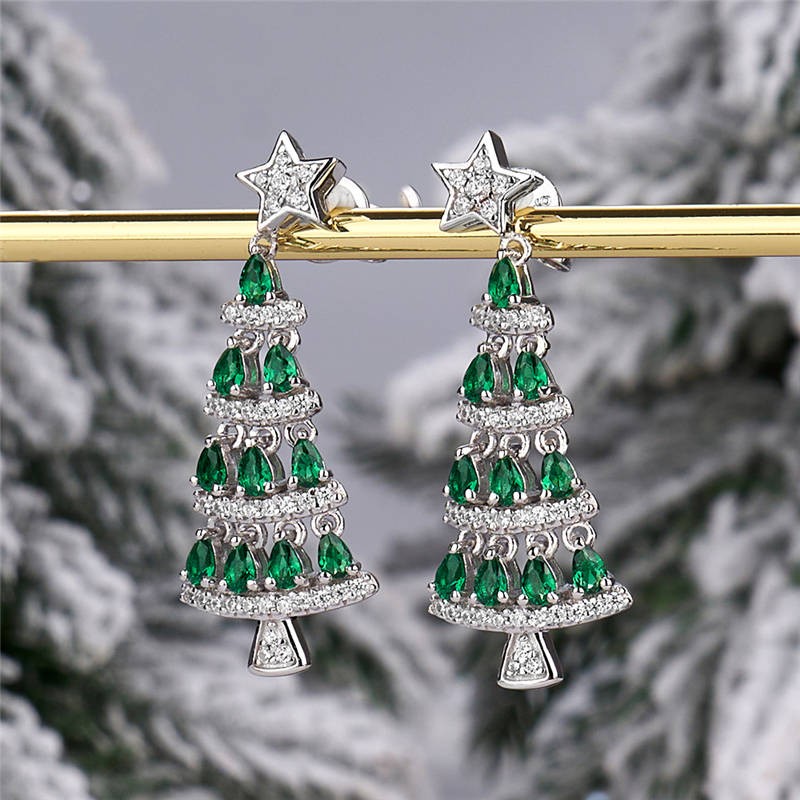 Delicate Pear Cut Emerald 925 Sterling Silver Christmas Tree Drop Earrings