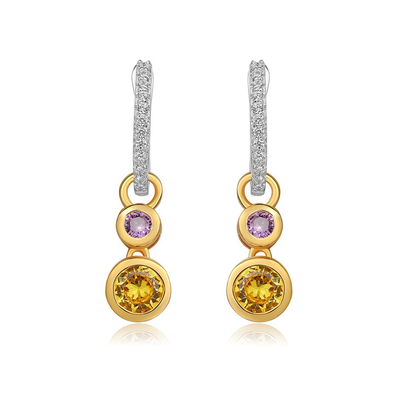 Round Cut Yellow Topaz 925 Sterling Silver Two Tone Drop Earrings
