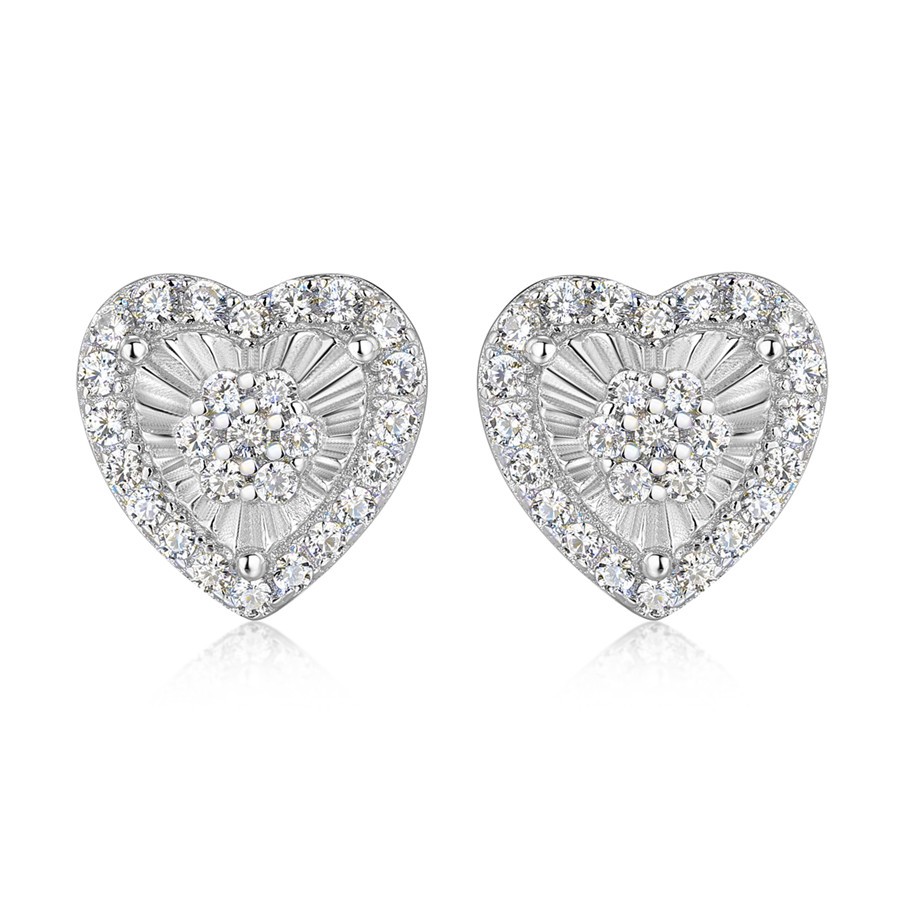 Genuine Round Cut White Sapphire 925 Sterling Silver Heart Halo Stud Earrings