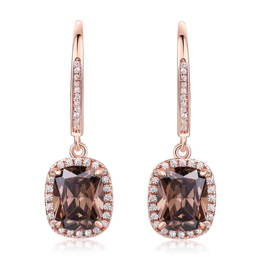 Cushion Cut Chocolate 925 Sterling Silver Rose Gold Halo Drop Earrings