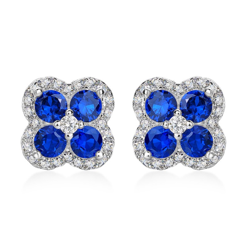 Round Cut Blue Sapphire Floral 925 Sterling Silver Halo Stud Earrings