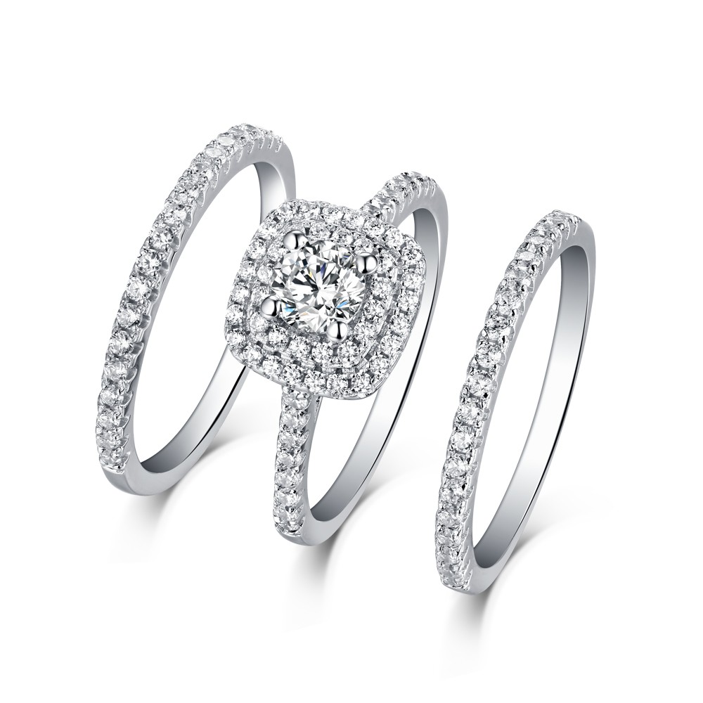 Elegant Double Halo Brilliant Garnet Wedding Engagement Sterling Silver Ring Set 