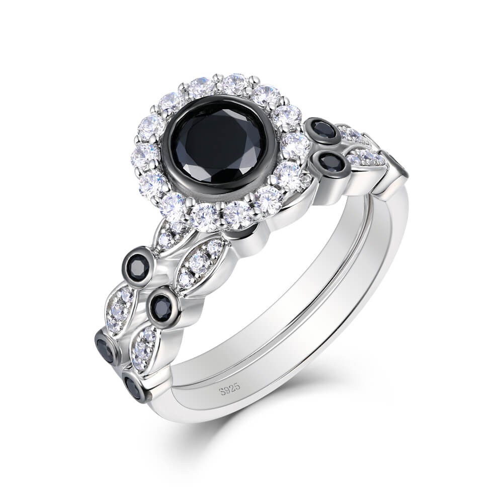 Classic Round Cut Black Sapphire 925 Sterling Silver  2 Pieces Halo Bridal Sets