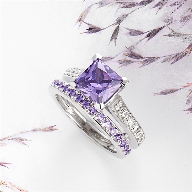 Princess Cut Amethyst 925 Sterling Silver Bridal Sets