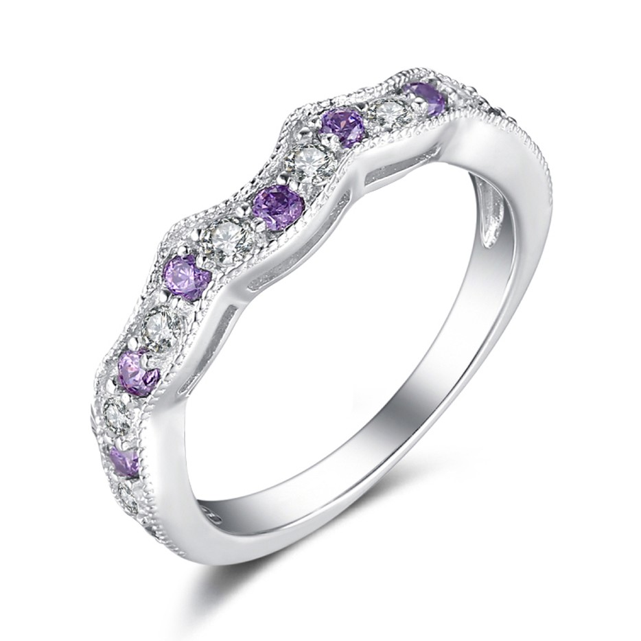 Round Cut White Sapphire and Amethyst Sterling Silver Wedding Bands