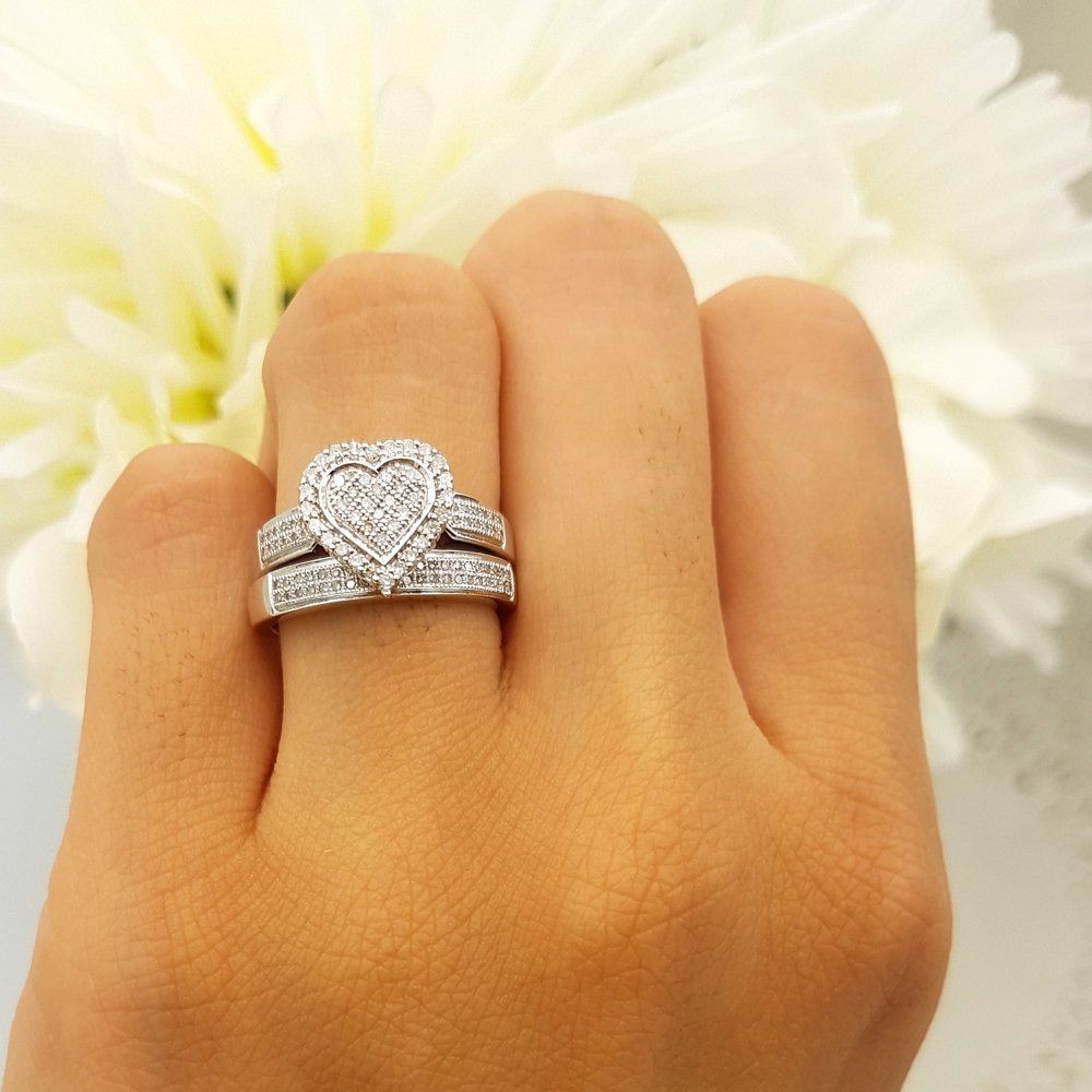 Heart Shape Round Cut White Sapphire Sterling Silver Halo Wedding Ring Sets