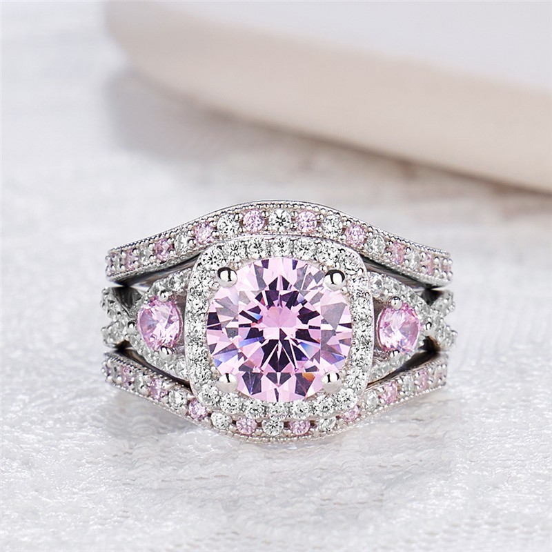 Round Cut Pink Sapphire 925 Sterling Silver Twisted Halo 3-Piece Bridal Sets