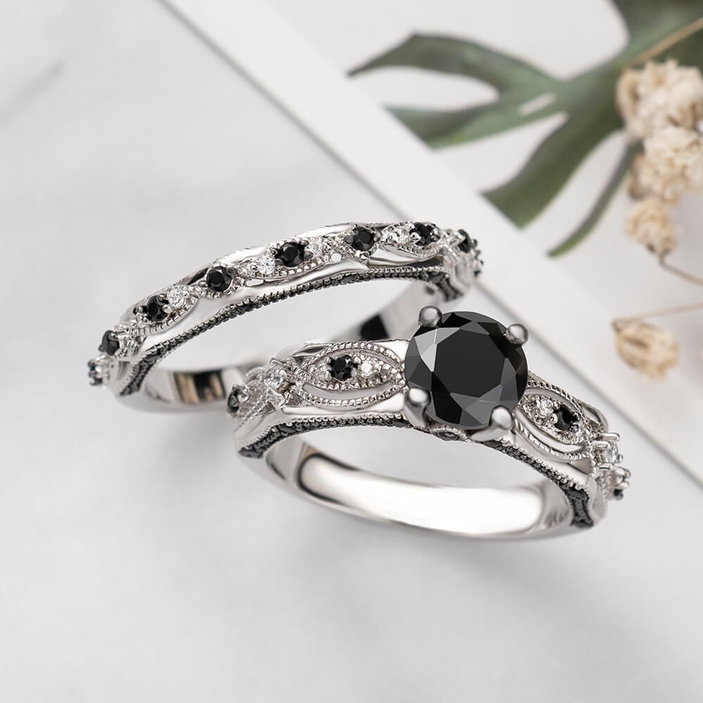 Vintage Round Cut Black Sapphire Sterling Silver Bridal Ring Sets