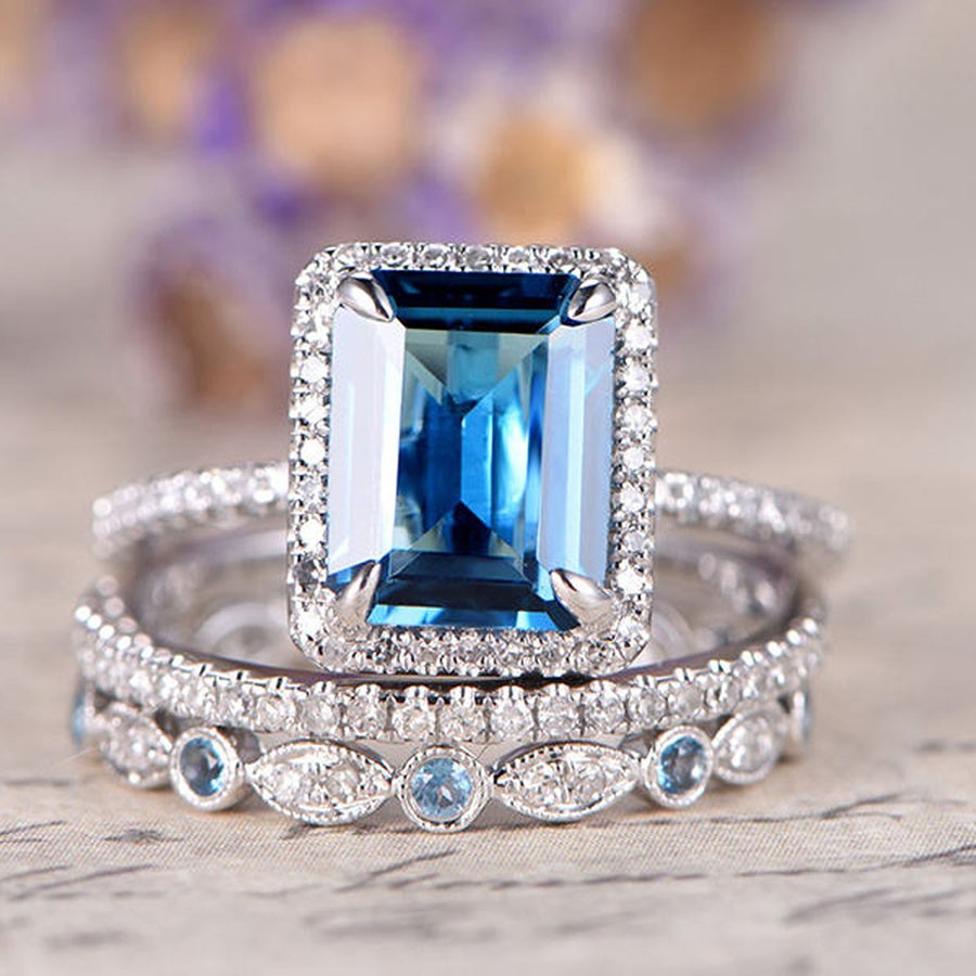 Emerald Cut Aquamarine Blue Sterling Silver 3-Piece Halo Bridal Sets