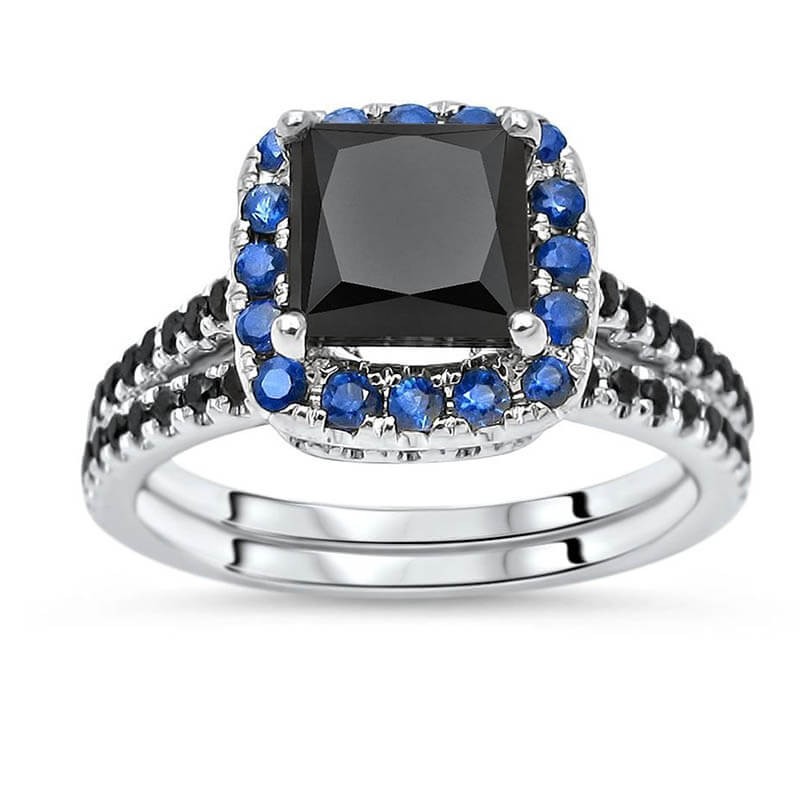 Princess Cut Black Sapphire 925 Sterling Silver Halo 2 Pieces Bridal Sets