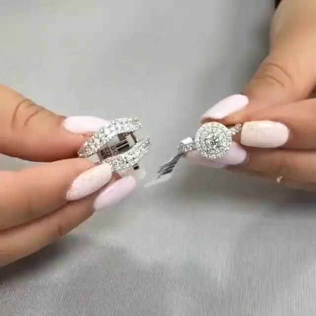 Unique Round Cut White Sapphire 925 Sterling Silver Insert Double Halo Bridal Sets 