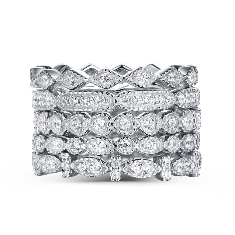 5 Pieces Round Cut White Sapphire Stack Eternity Bands Set