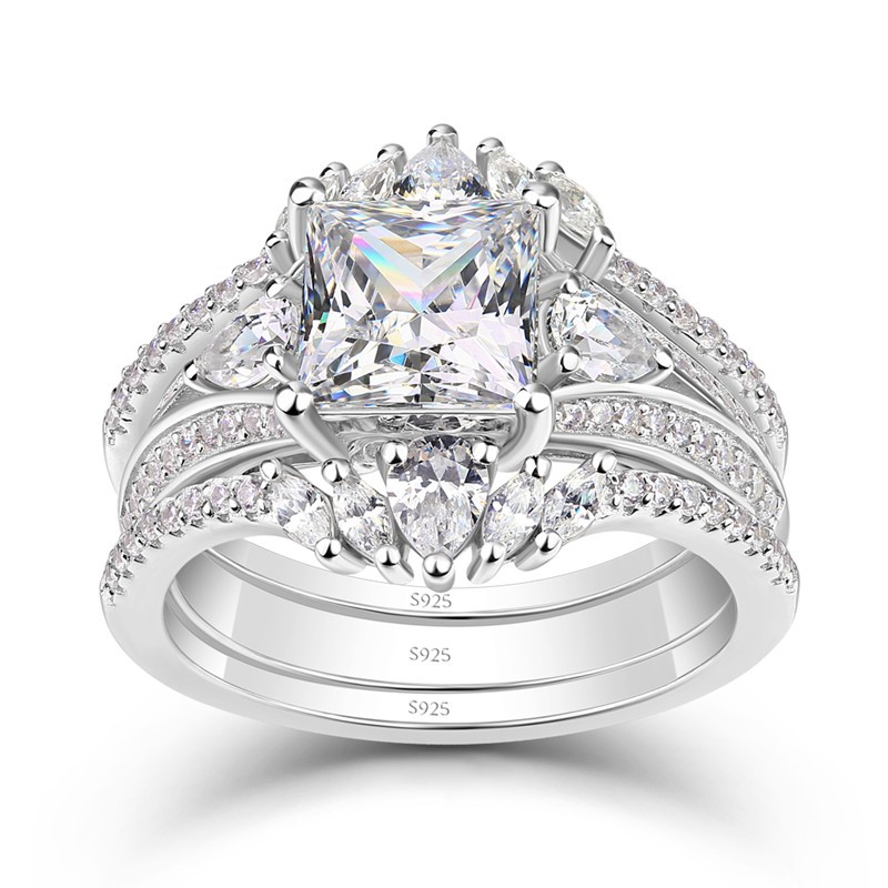 Princess Cut White Sapphire Sterling Silver Three Stone 3-Piece Wedding Ring Sets