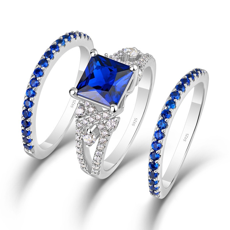 Princess Cut Blue Sapphire 925 Sterling Silver 3-Piece Bridal Sets