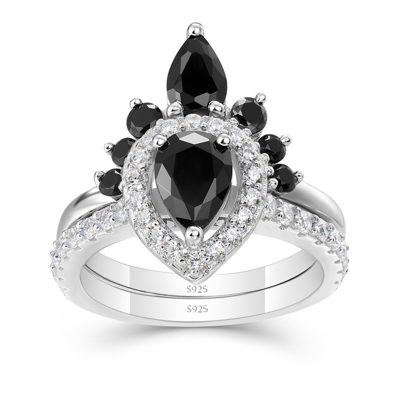 Pear Cut Black Sapphire 925 Sterling Silver Crown Bridal Sets