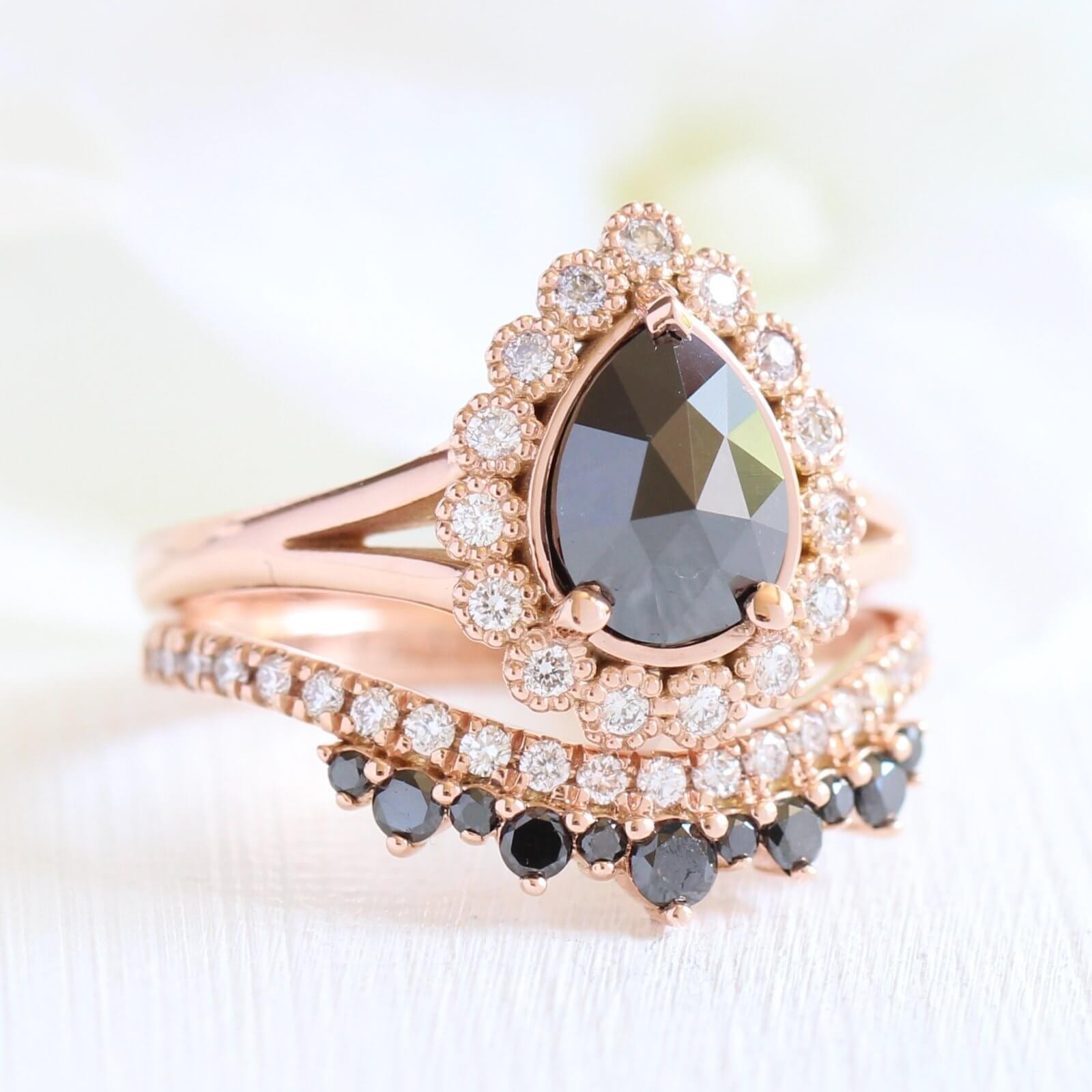 Rose Gold Pear Cut Black Sapphire Sterling Silver Halo Bridal Sets