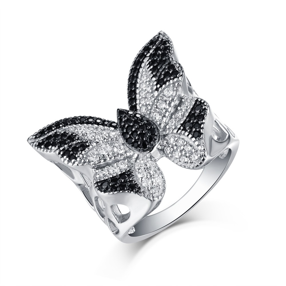 Round Cut S925 Silver Black & White Sapphire Butterfly Rings