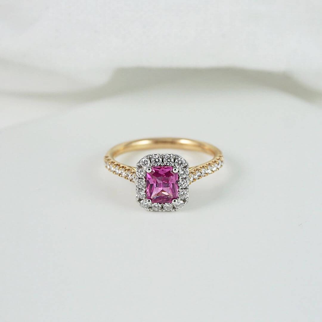Gold Emerald Cut Pink Sapphire Sterling Silver Halo Engagement Ring