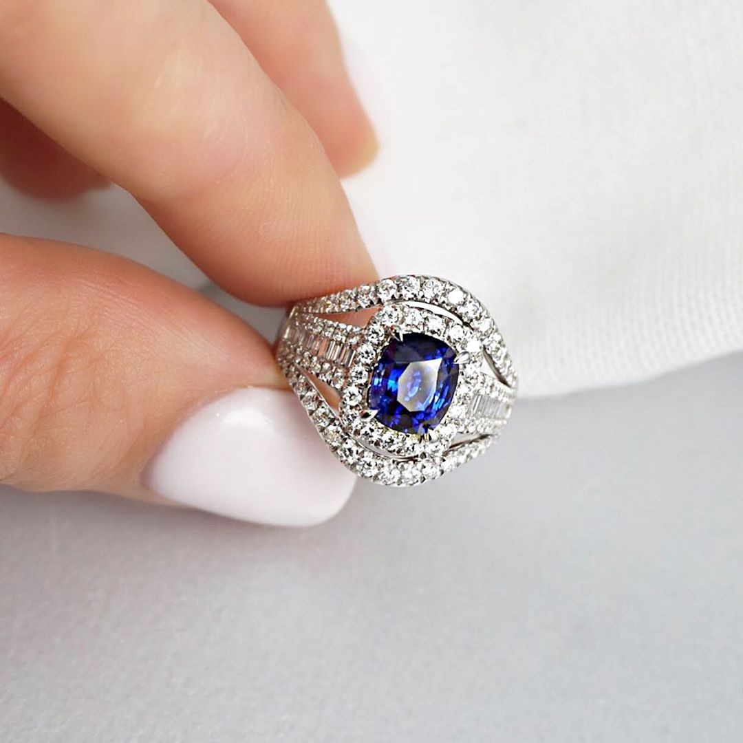 Vintage Cushion Cut Blue Sapphire Serling Silver Halo Engagement Ring