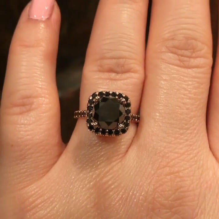 Rose Gold Round Cut Black Sapphire 925 Sterling Silver Halo Engagement Ring