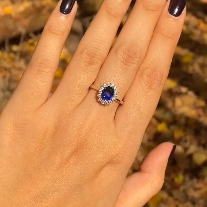Classic Oval Cut Blue Sapphire Sterling Silver Halo Engagement Ring