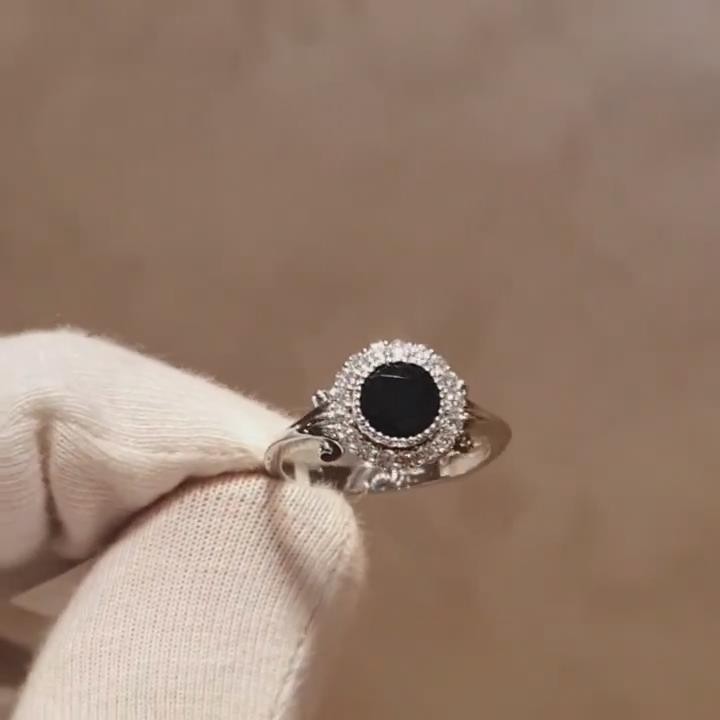 Unique Round Cut Black Sapphire Sterling Silver Engagement Ring