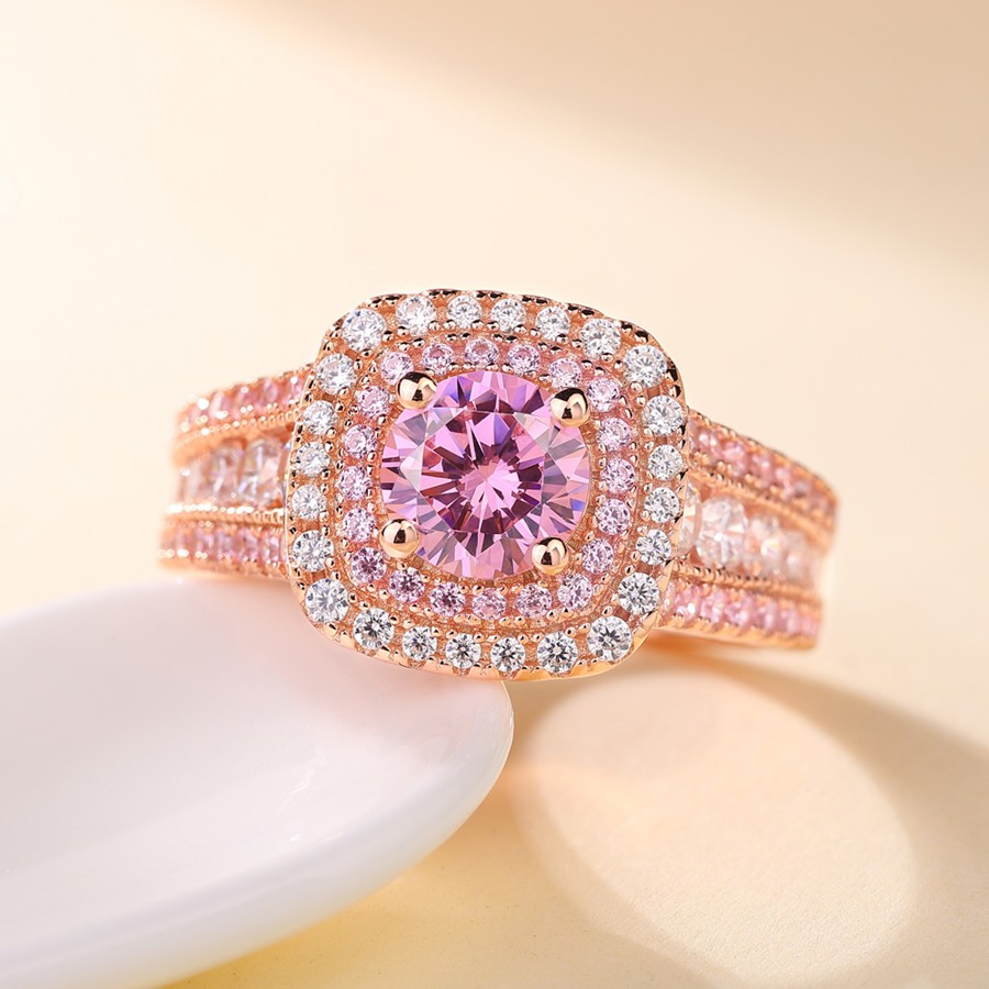 Rose Gold Round Cut Pink Sapphire Sterling Silver Double Halo Engagement Ring