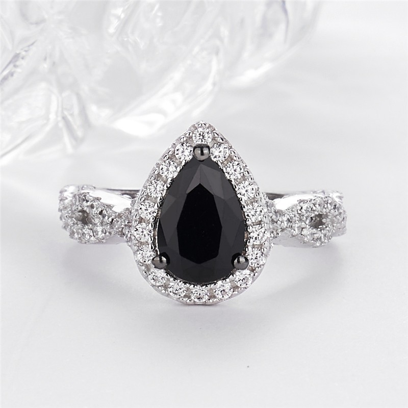 Pear Cut Black Sapphire Sterling Silver Twisted Halo Engagement Ring