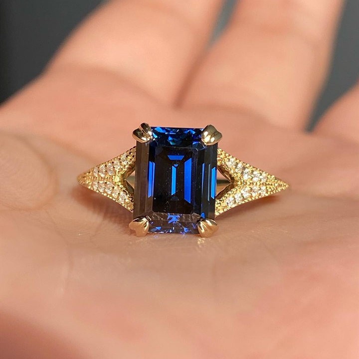 Gold Emerald Cut Blue Sapphire 925 Sterling Silver Engagement Ring