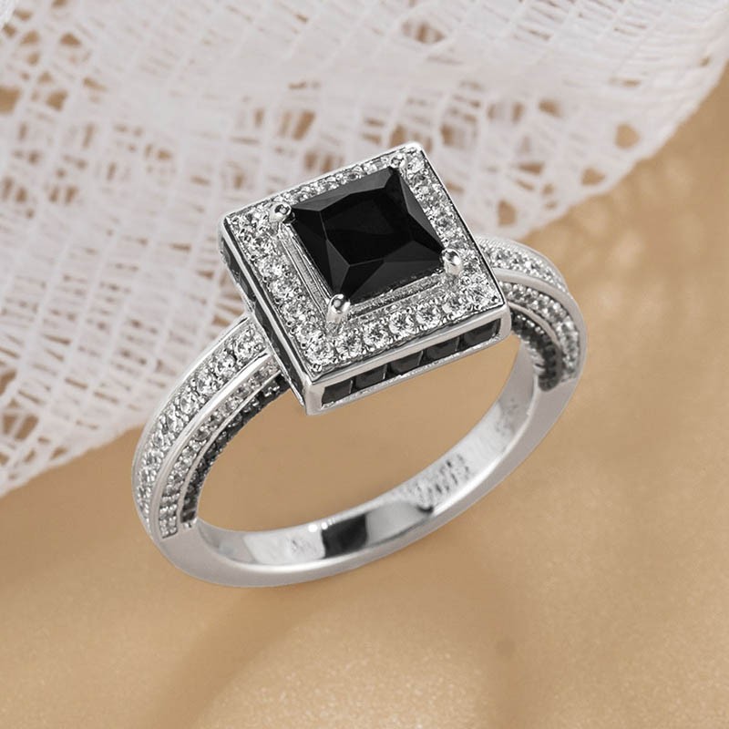 Princess Cut Black Sapphire Sterling Silver Halo Engagement Ring