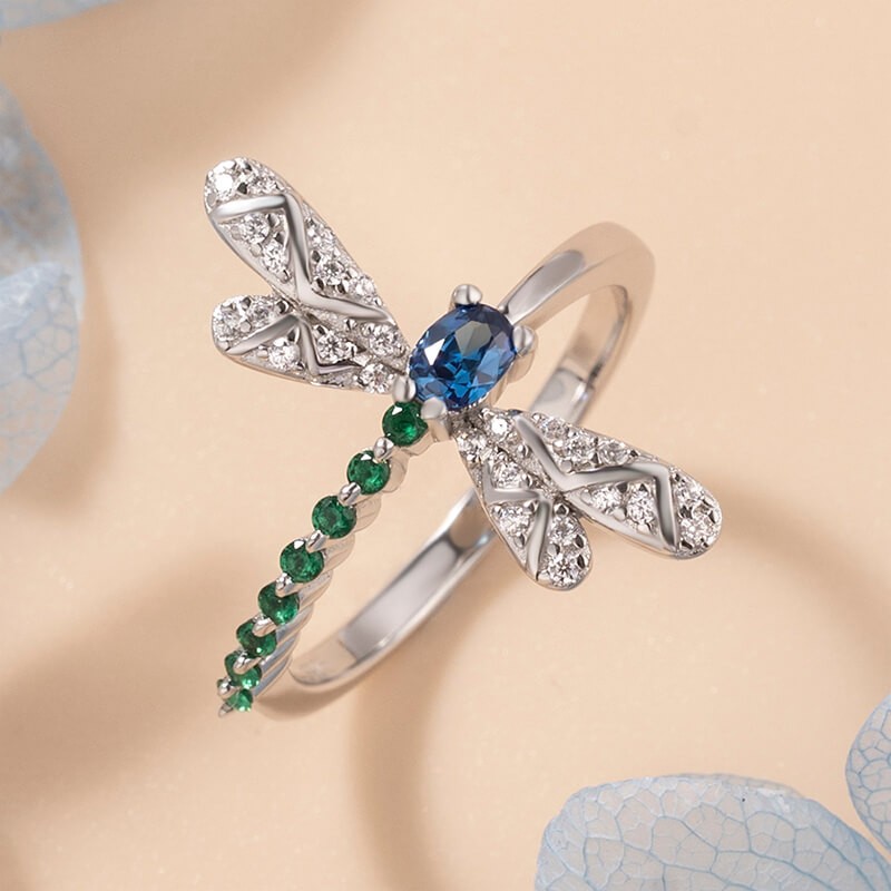 Beautiful Blue Sapphire & Emerald 925 Sterling Silver Dragonfly Ring