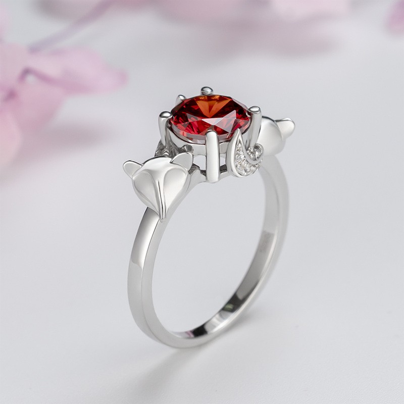 Round Cut Ruby Sterling Silver Fox Ring