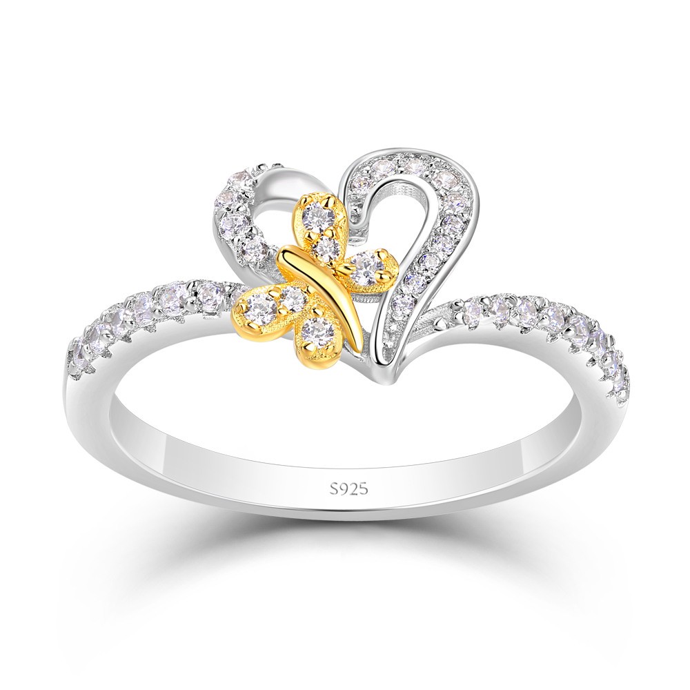 Gold Butterfly with Heart White Sapphire 925 Sterling Silver Ring for Women