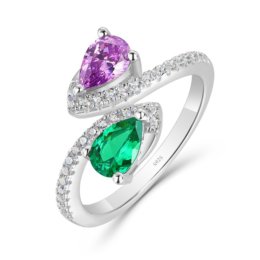 Pear Cut Amethyst and Emerald 925 Sterling Silver Toi et Moi Ring 