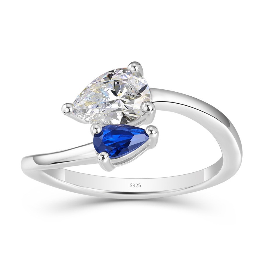 Pear Cut White and Blue Sapphire 925 Sterling Silver Toi et Moi Ring 