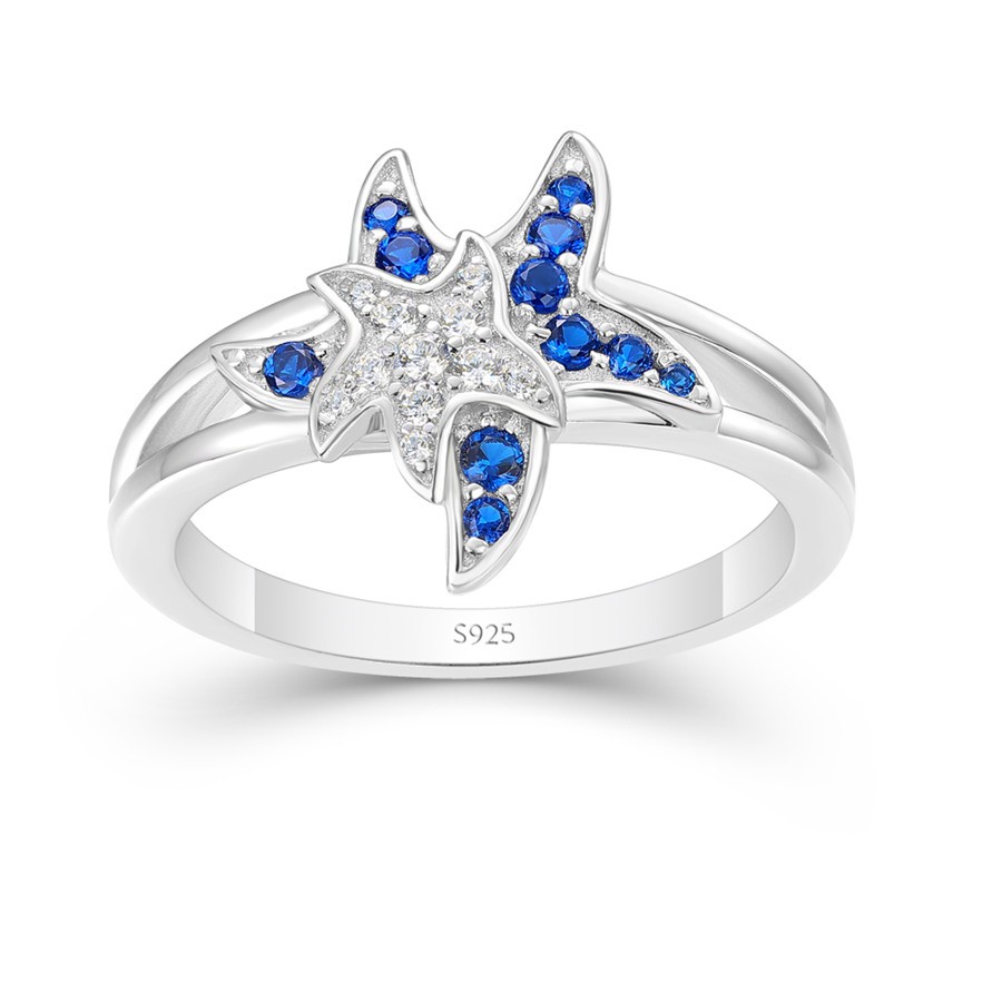 Lovely Round Cut Blue and White Sapphire 925 Sterling Silver Starfish Ring